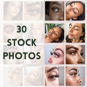 May include: A collage of 30 stock photos showcasing various close-up shots of women's eyes with eyelash extensions. The photos feature different eye shapes, skin tones, and lighting.