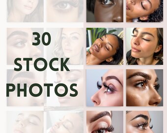 以下が含まれることがあります： まつげエクステをした女性の目のクローズアップ写真30枚のコラージュ。写真には、さまざまな目の形、肌の色、照明が写っています。