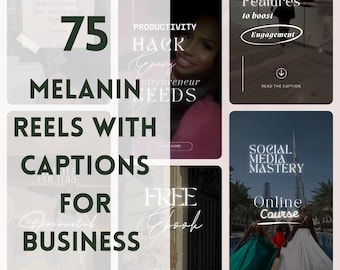 May include: A collage of images promoting a social media course for entrepreneurs. The images feature a woman of color, a cityscape, and text that reads "75 Melanin Reels with Captions for Business", "Productivity Hack Every Entrepreneur Needs", "3 Reels Features to Boost Engagement", "Social Media Mastery Online Course", and "Free Ebook".