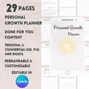 May include: A digital planner with a pink background and a glowing yellow flower design. The text "Personal Growth Planner" is displayed in a black font. The planner is designed to help users track their personal growth and development.