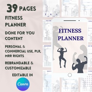 May include: A digital screen displaying a fitness planner with the text "Fitness Planner" in blue text. The screen is surrounded by a collage of fitness planner pages with various sections for goal setting, measurements, daily workouts, and a monthly calendar.