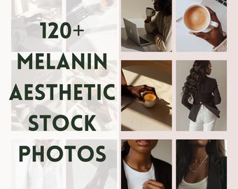 Puede incluir: Un collage de fotos con personas de color con un texto superpuesto que dice "120+ MELANIN AESTHETIC STOCK PHOTOS". Las fotos muestran personas tomando café, trabajando en portátiles y posando con atuendos elegantes.