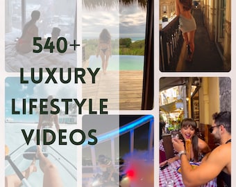May include: A collage of images showcasing a luxurious lifestyle. The images include a woman walking in a city, a couple dining at a restaurant, a person kayaking on a lake, and a person riding a motorcycle. The text "540+ LUXURY LIFESTYLE VIDEOS" is superimposed on the images.