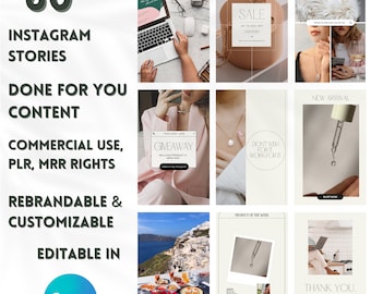 Puede incluir: Una colección de 60 plantillas de historias de Instagram para uso comercial. Las plantillas son rebrandeables y personalizables y se pueden editar en Canva. Las plantillas presentan una variedad de diseños, incluyendo un anuncio de regalo, un anuncio de venta, un anuncio de nueva llegada y un mensaje de agradecimiento.