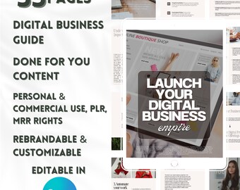 May include: A digital marketing guide with 35 pages of content for launching a digital business. The guide is done-for-you, rebrandable, customizable, and editable in Canva. The guide includes tips for creating digital products that sell, pricing strategies, and launching your digital business empire.