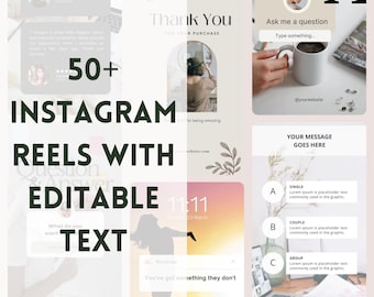 May include: A collection of 50+ Instagram reel templates with editable text. The templates feature various designs, including a thank you card, a question and answer prompt, and a message board. The text "11:11" is visible on one of the templates.