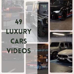 May include: A collage of images featuring luxury cars, including a black Mercedes-Benz G-Wagon, a silver Mercedes-Benz G-Wagon, a black BMW, and a blue Bugatti Chiron. The text "49 LUXURY CARS VIDEOS" is superimposed on the images.