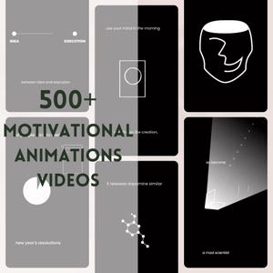 Könnte beinhalten: Eine Collage aus Schwarzweißillustrationen mit motivierenden Zitaten. Der Text enthält "500+ Motivational Animations Videos", "use your mind in the morning", "between idea and execution", "it releases dopamine similar", "so become", "a mad scientist" und "new year's resolutions".