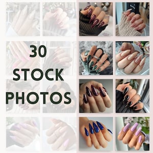 May include: 30 stock photos of different nail art designs. The designs include various colors, shapes, and styles, such as long, pointed nails with red, black, green, and blue polish, as well as shorter, rounded nails with nude and pink polish.