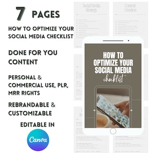 May include: A digital checklist for optimizing social media, with a title that reads "How to Optimize Your Social Media Checklist". The checklist is divided into sections, including "Social Media Strategy" and "Content Creation". The checklist is designed to be used on a tablet or computer.