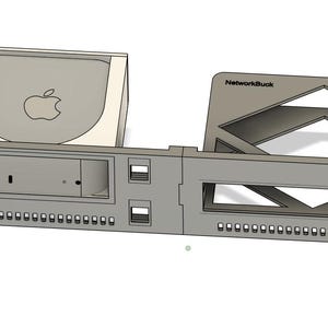 May include: A grey rack mount server case with an Apple logo and the text "NetworkBuck". The case has multiple openings and slots for components. The design appears to be for a computer server.