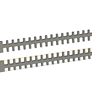 May include: Two identical grey, elongated, flat metal components featuring a central spine with evenly spaced, perpendicular teeth extending from both sides. Each end of the components includes a small, rounded mounting hole for attachment.