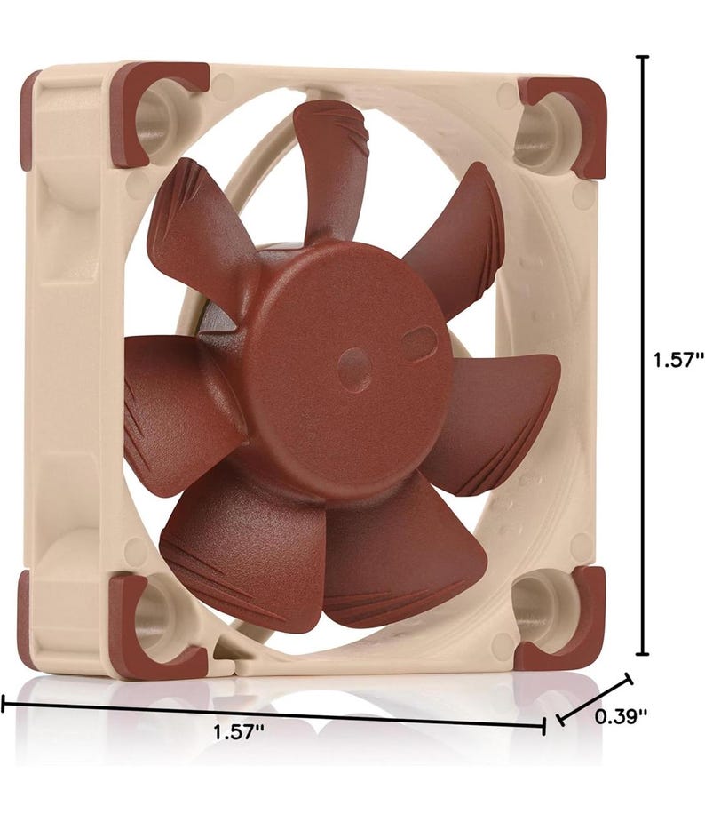 May include: A computer fan with a beige frame and brown blades. The fan measures 1.57 inches square and 0.39 inches thick. The fan blades are arranged around a central hub.