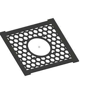 May include: A black, square metal vent cover with a honeycomb pattern and a central circular opening. The vent cover has a rectangular frame with small tabs on each corner.