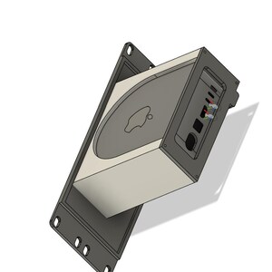 May include: A computer component with a light gray body and a dark gray face, featuring the Apple logo. The component is set within a dark gray frame with mounting holes. The side panel has ports and buttons.