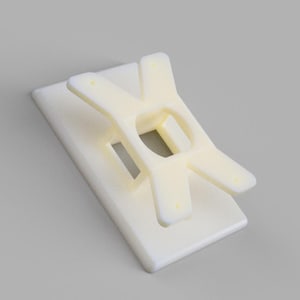 May include: An off-white plastic mounting bracket featuring a rectangular base plate and an X-shaped top component with a central circular opening. The structure includes four small circular holes at the ends of the X-shaped arms for attachment.