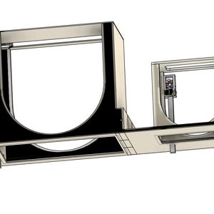 May include: A 3D rendering of a mechanical device with a rectangular base and two upright, curved structures. The larger structure is black, while the smaller one and the base are light beige. A control panel is visible.