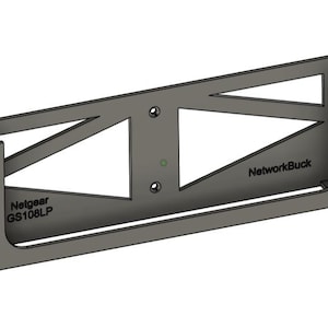 May include: A gray metal bracket with the text "Netgear GS108LP" and "NetworkBuck". The bracket has a rectangular shape with geometric cutouts and is designed to hold a device. It has a diamond-shaped cutout on one end.