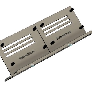 May include: A beige plastic wall mount with the text "NetworkBuck" printed on it. The mount has slots for holding multiple items.