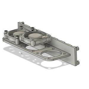 May include: A computer component featuring two small fans and a mounting bracket. The fans are circular and set within a rectangular frame. The bracket has multiple circular openings and is designed to attach to other components.