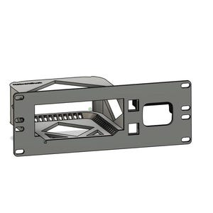 May include: A gray metal bracket with multiple cutouts and mounting holes. The bracket has a rectangular shape with a complex internal structure, including a series of small rectangular openings and a larger central opening.
