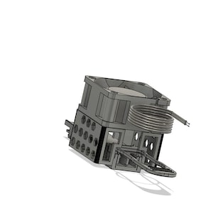 May include: A gray, 3D-rendered computer component with a fan, a coiled tube, and various rectangular and circular openings. The component is angled, casting a shadow on the white background. The design suggests a cooling system.