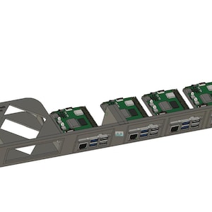 Könnte beinhalten: Ein grauer Rack-Mount mit vier grünen Leiterplatten und mehreren Anschlüssen. Das Rack hat eine Stützstruktur auf der linken Seite und der Text "NetworkBridge BridgePro" ist sichtbar.