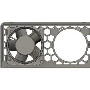May include: A gray computer fan and frame. The fan has four blades and is positioned on the left side of the frame. The frame has a honeycomb design and a circular opening on the right.