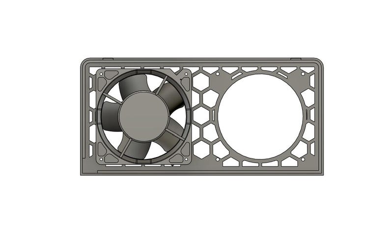 May include: A gray computer fan and frame assembly. The fan has four blades and is housed in a square frame. The frame has a honeycomb pattern and a circular opening. The assembly is designed for computer cooling.