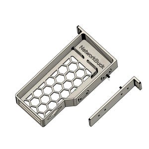 May include: A silver-colored, rectangular computer component with a honeycomb pattern and the text "NetworkBuck". A separate, matching bracket is positioned next to it. The design appears to be for a computer case.