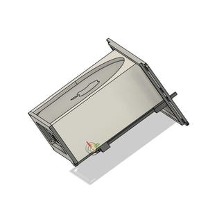 May include: A light gray, angular birdhouse with a flat roof and a circular opening. The birdhouse has a rectangular body and a slanted roof. The design appears to be a 3D rendering or a digital model.