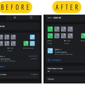 May include: A dark-themed screenshot of a network device interface, displaying network status and configuration options. The interface shows various network ports, data transfer rates, and power usage metrics. The text "BEFORE" and "AFTER" are in yellow.