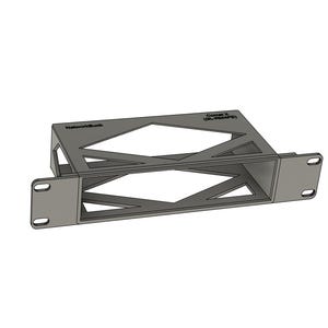 May include: A grey metal rack mount bracket featuring a rectangular frame with diamond-shaped cutouts on the sides and top. The front panel includes mounting tabs with two oval holes on each side. Text printed on the top reads NetworkBuck Comet X GL-RMP8.