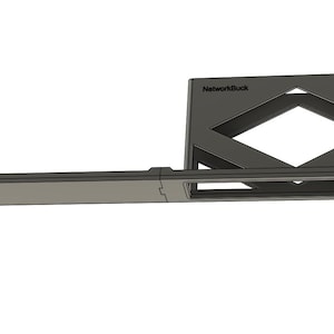 May include: A black metal wall mount with the text "NetworkBuck" printed on the front. The mount has a rectangular opening with a diamond-shaped cutout.