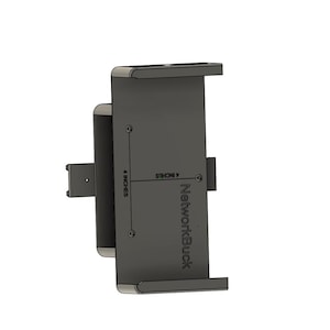 May include: A dark gray tablet holder with the text "NetworkBuck" printed on the side. The holder is approximately 4 inches in height and features a rectangular design with a bracket for mounting.