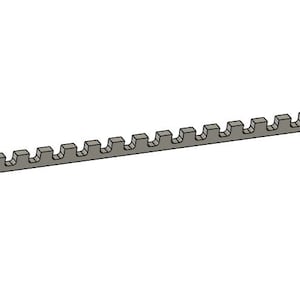 May include: A long, gray metal bar with a series of evenly spaced, rectangular notches along one edge. The bar has a hole at each end. The object is set against a plain white background.