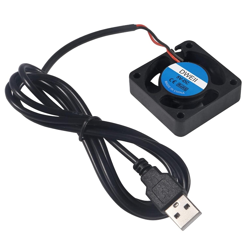 May include: A black square USB-powered fan with a blue and white label that reads "DWEII 5V-DC CE RoHS MADE IN CHINA." The fan has a black cable and a USB connector.