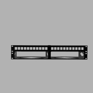 May include: A black metal rack-mount patch panel featuring two wide horizontal rectangular openings and a series of small square ports along the top edge, designed for network cable management and organized connectivity in server environments.
