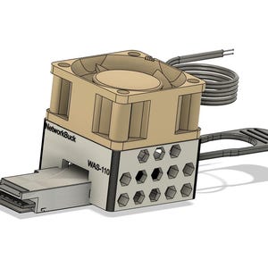 May include: A beige and silver electronic component with a fan, a handle, and a series of hexagonal holes. The text "NetworkBuck" and "WAS-110" are visible on the device. A coiled wire extends from the top.