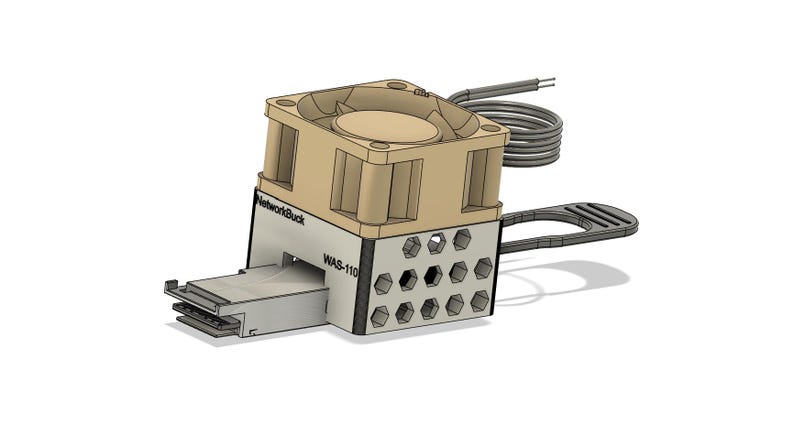 May include: A beige and silver electronic component with a fan, a handle, and a series of hexagonal holes. The text "NetworkBuck" and "WAS-110" are visible on the device. A coiled wire extends from the top.