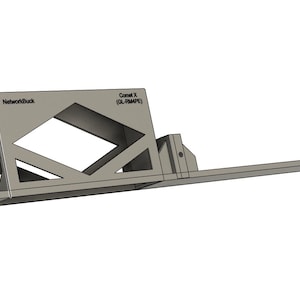May include: A light gray NetworkBuck Comet X (GL-RM4PE) mounting bracket featuring a rectangular base with a geometric, open-frame support structure. The unit includes a central angled brace and a flat, extended mounting plate with visible screw holes.