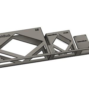 May include: A gray metal bracket with the text "NetworkBuck" and "OC200" printed on it. The bracket has a geometric design with open spaces and is designed to hold electronic components.