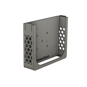 May include: A gray metal bracket with a rectangular shape and a curved bottom. The bracket has a honeycomb pattern on the sides and the text "NetworkBuck" on the bottom. It is designed to hold a device.