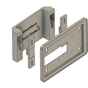 May include: A light gray, 3D-printed enclosure for a touch display, with the text "NetworkBuck Touch Display 2". The design includes a main frame, a front panel, and mounting brackets, all in a disassembled state.