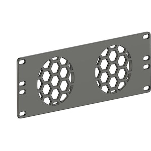 May include: A gray metal panel with two circular cutouts featuring a honeycomb pattern. The panel has rounded corners and several mounting holes, designed for electronic equipment ventilation.