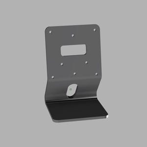 May include: A dark gray metal bracket with a rectangular cutout and multiple small holes. The bracket has a bent base and a curved design, suitable for mounting. The overall shape is rectangular with rounded corners.