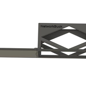 May include: A black metal NetworkBuck wall mount with a geometric design. The mount has a shelf for a router or other network equipment.