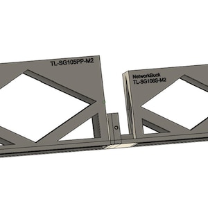 May include: A gray metal bracket with a geometric design. The bracket has two upright sections with diamond-shaped cutouts and the text "NetworkBuck" and "TL-SG105PP-M2" printed on it. The bracket is designed for mounting.