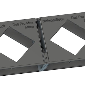 May include: A gray metal rack mount for Dell Pro Max Micro devices. The rack has two sections with diamond-shaped cutouts and the text "NetworkBuck" and "Dell Pro Max Micro" printed on the sides.