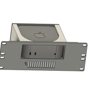 May include: A gray computer rack mount designed to hold a small computer. The rack has a rectangular shape with a series of ventilation slots and mounting holes. The Apple logo is visible on the computer.